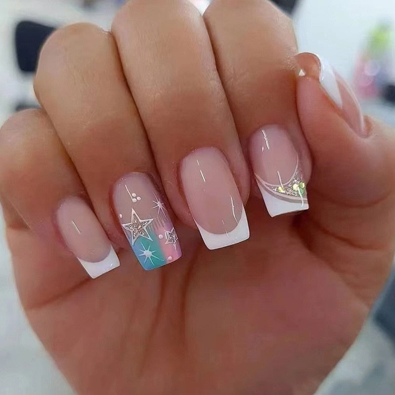 24pcs Summer False nails with designs Charms Flame Long Ballerina Fake Nails Wearable Coffin french Nails Tips Press On Nails