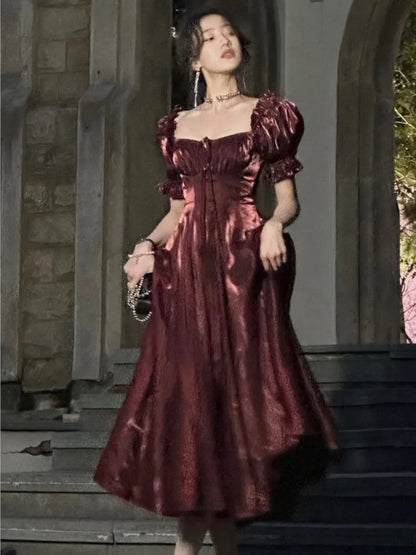 Vintage French Burgundy Evening Party Dress Women 2024 Summer Elegant Romantic Prom Vestidos Korean A-line Graduation Dresses