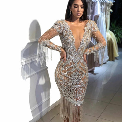 maoxiangshop Luxury Tassel Evening Party Dress Women Sexy Elegant Fashion Long Sleeve V Neck Short Dresses