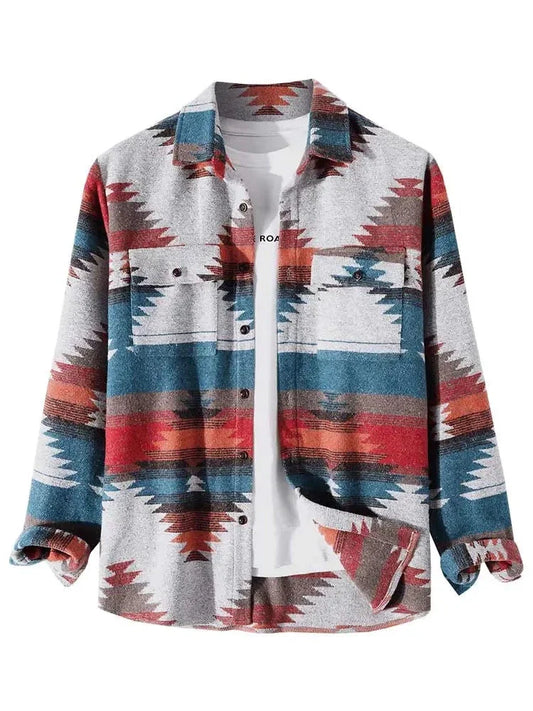 maoxiangshop Shirt Jacket for Men Tribal Geometric Print Blend Wool Ethnic Jacket Blouse Outerwear Fall Winter Long Sleeve Shacket Tops