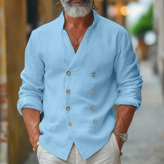maoxiangshop Vintage Double Breasted Linen Shirts Men Classic Stand Collar Solid Color Cotton Linen Cardigan Mens Tops Long Sleeve Shirt Male