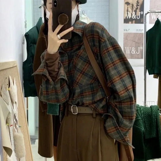 maoxiangshopVintage Plaid Shirt Women Harajuku Retro Long Sleeve Oversized Blouse Korean Streetwear Turn Down Collar Loose Casual Tops