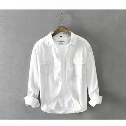maoxiangshop Spring and Autumn New Men Men's White Long Sleeve Shirt Pure Cotton Retro Style Button Up Pocket Male White Clothes Top
