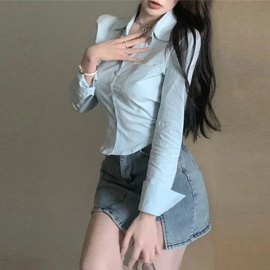 maoxiangshop Shirt Women Cut Slim Top Casual Korean Fashion Temperament Basic Solid Color Full Matching Gentle Office Lady Spring