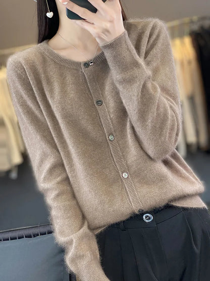 maoxiangshop Aliselect Women Cardigan Super Warm Pure Mink Cashmere Sweaters O-neck Loose Female Clothes Ladies' Solid Color Knitwear Tops