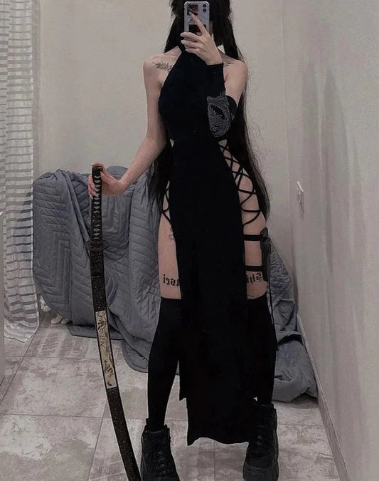 maoxiangshop Cosplay High Split Sexy Bandage Women Dresses Y2K Mall Gothic Halter Slim Midi Dress Black Grunge Style Alt Partywear