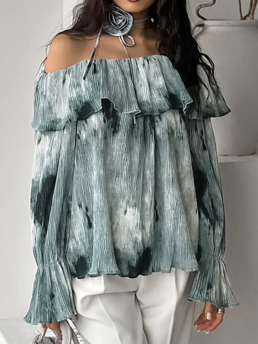 maoxiangshop  -  Ink Print Tie Dye Long Sleeve 2024 New Sexy Off Shoulder Flare Sleeve T-shirt Women Autumn Casual Elegant Flower Lace-up Tees