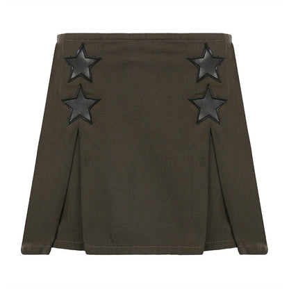 maoxiangshop Women Y2K Grunge Denim Skirt with Star Pattern Patchwork Summer Zipper High Waist Pleated A-line Mini Skirts Fashion Clothes