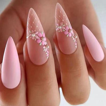 24Pcs Pink Almond False Nails Shiny Golden Ripples Stiletto Fake Nails Detachable Oval Full Cover Press on Nails Tips Manicure