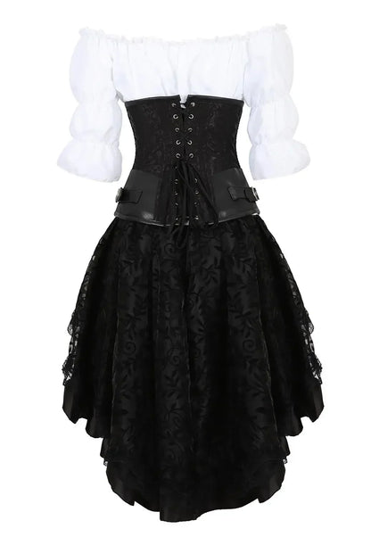 maoxiangshop  -  Leather Corset Plus Size 3 Piece Outfits for Women Steampunk Steel Boned Bustier Underbust Skirt Blouse Set Pirate Rave Costume