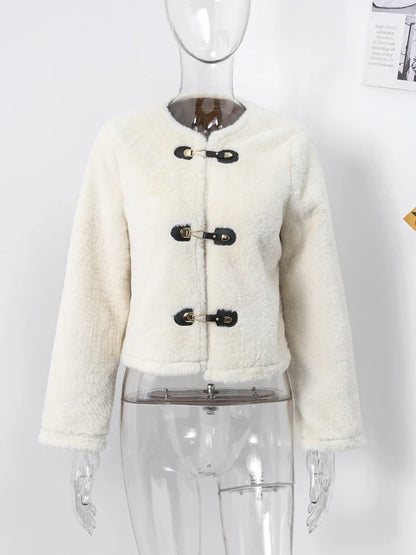 maoxiangshop  -  2024 Winter Lambs Wool Jacket Coat Loose O-neck Leather Knot Buckle Long Sleeve Plush Jackets Autumn Fashion Lady Solid Outwear