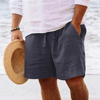 maoxiangshop Men's summer cotton and linen shorts with drawstring elastic waist, straight legs, solid color, breathable daily beach capris