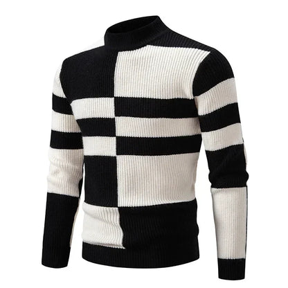 maoxiangshop Men's Autumn Winter New Mock Neck Pullovers Fashion Patchwork Knitted Warm Sweater Man Slim Fit Casual Knitwear Sweaters Tops
