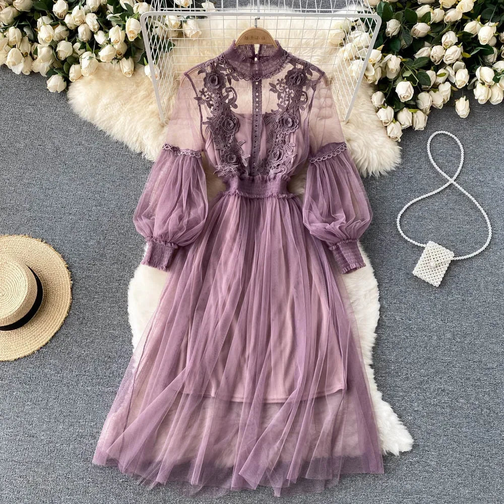 maoxiangshop Ladies Dress Three-dimensional Flower Hook Mesh Temperament Stand Collar Lantern Sleeve High Waist Slim Female Dresses