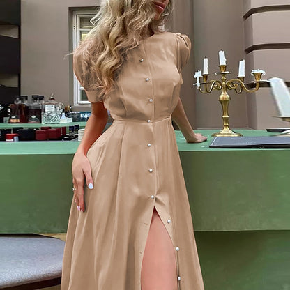 maoxiangshop Women's Summer Long Dress Slit Orange Elegant Short Sleeve Maxi Dresses Office Ladies Buttons Holiday Shirt Dress For Women