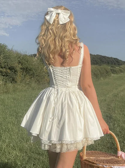 White A Line Party Dresses Women Mini Elegant Lace Up Holiday Dress Casual Spaghetti Strap Summer Women Clothing