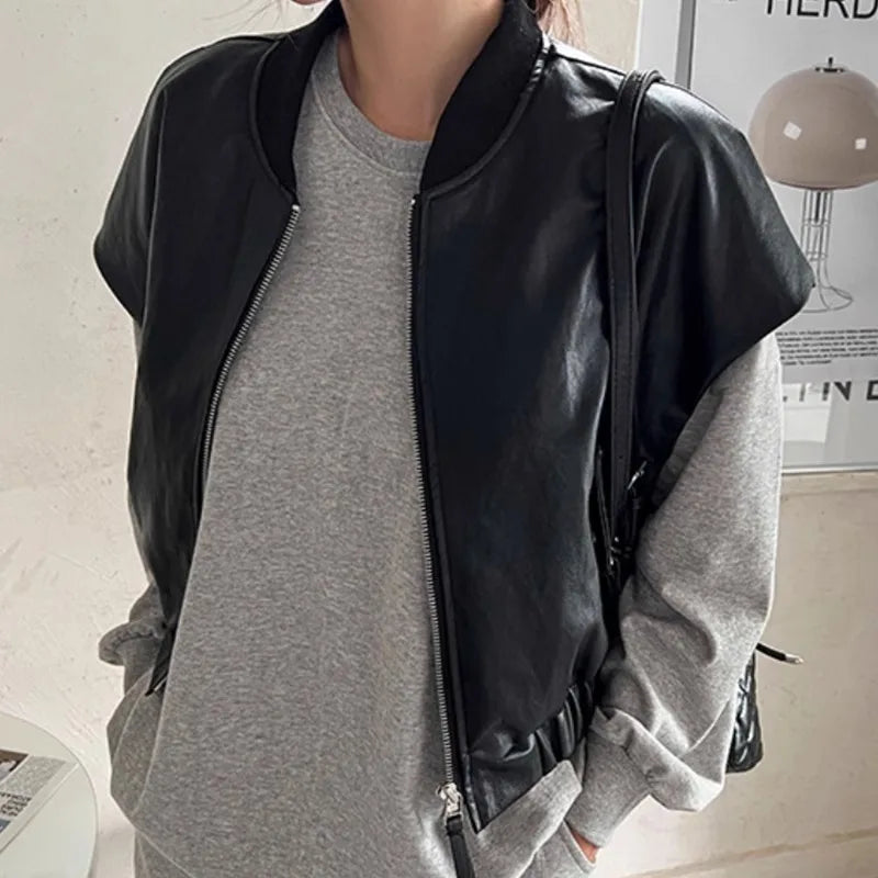 maoxiangshop  -  Retro High-End Leather Vest Women'S Autumn And Winter Round Neck Zipper Style Loose And Versatile Short Sleeved Jacket