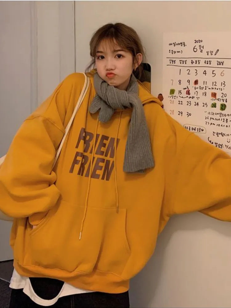 Deeptown Oversized American Retro Hoodies Women Korean Casual Hooded Sweatshirts Thicken Warm Top Harajuku Pullover Autumn