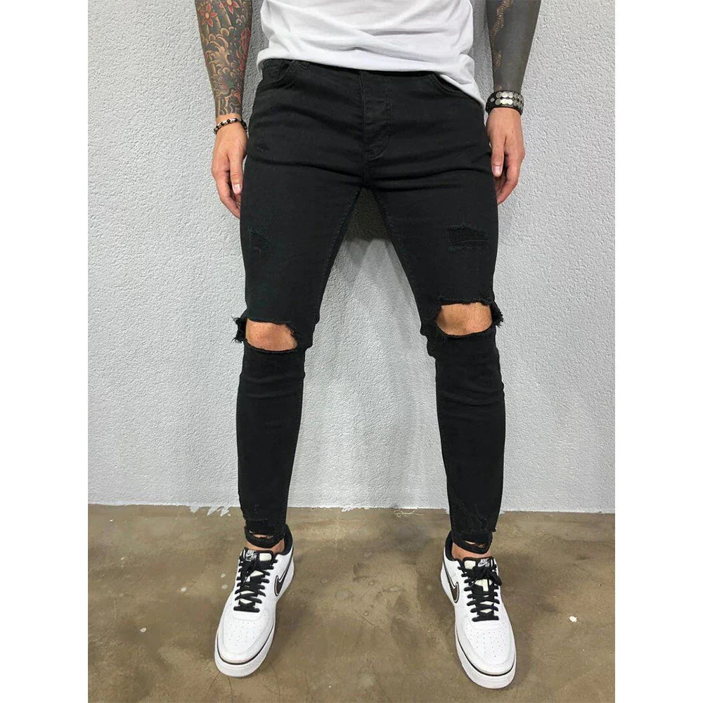 maoxiangshop Distressed Knee Holes Elastic Skinny Jeans Men Ripped Biker Denim Pants Solid Washed Streetwear Black Pantalones Hombre Joggers