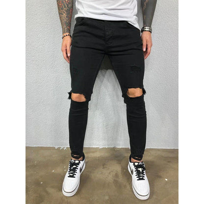 maoxiangshop Distressed Knee Holes Elastic Skinny Jeans Men Ripped Biker Denim Pants Solid Washed Streetwear Black Pantalones Hombre Joggers
