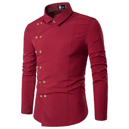 maoxiangshop Men's Diagonal Placket Double Breasted Slim Fitting Fashion Long Sleeved Shirt