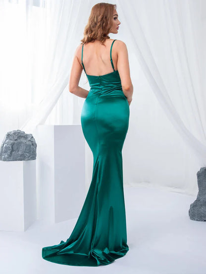 maoxiangshop-Backless Long Prom Satin Slip Maxi Dress Sexy Split Ruched V Neck Sleeveless Stretchy