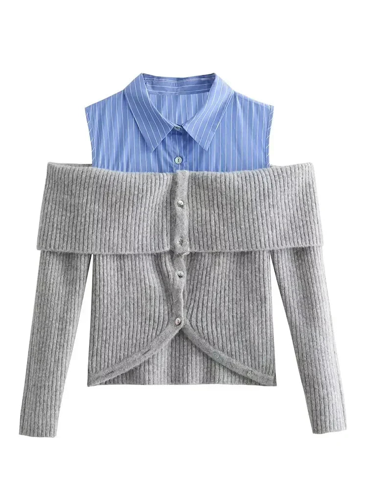 maoxiangshop -  Autumn Women Fashion Cardigan Knitting Lapel Shirt Patchwork Off Shoulder Crop Top Female Long Sleeve Casual Sweaters