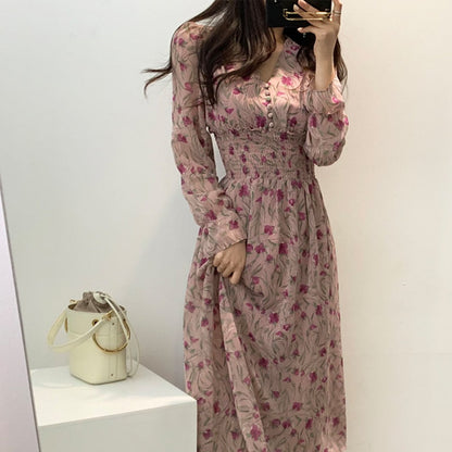 maoxiangshop New Flower Dress Women Floral Chiffon Clothes Maxi Dresses Beach Elegant Autumn Pink Korean Long Sleeve V Neck Vestidos De Mujer