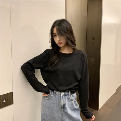 Women Casual Long Sleeve T-Shirts Spring Autumn Solid Fit Pullovers Tees O-Neck Korean Version Loose Bottoming Shirt Inner Top