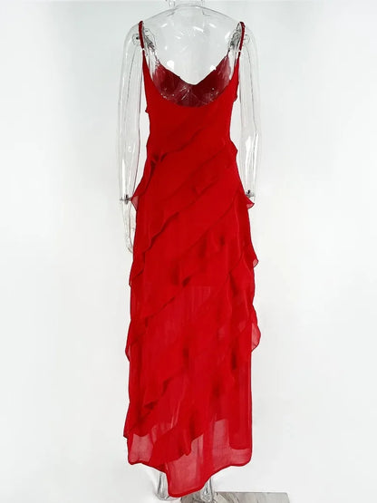 Elegant Red Chiffon Slip Dresses for Women Sexy Spaghetti Strap Backless Lace-up Ruffles Long Maxi Evening Party Prom Dress