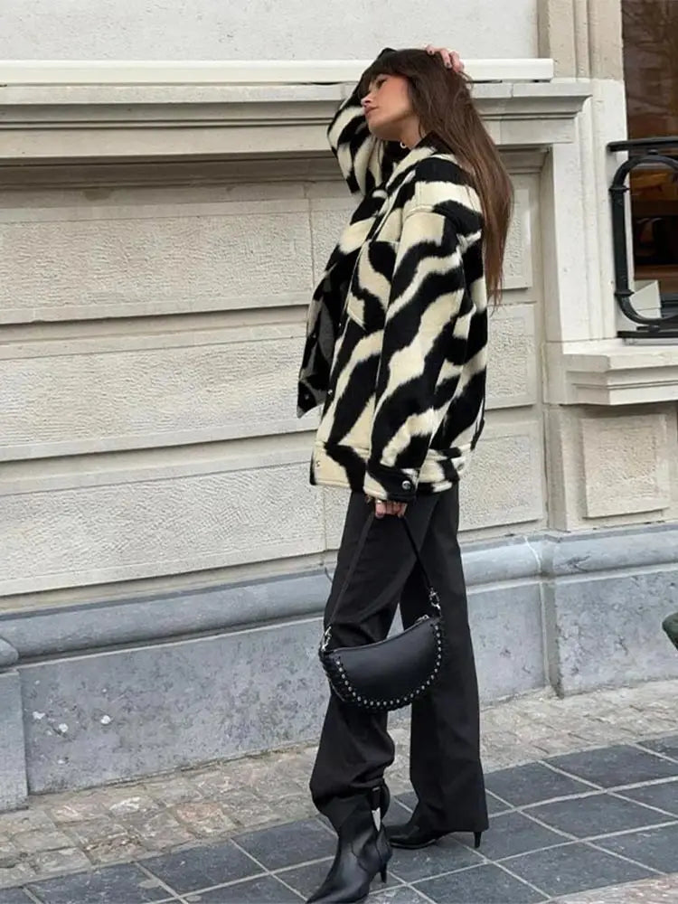 maoxiangshop  -  Women Elegant Zebra Printed Single Breasted Jacket Fashion Lapel Long Sleeves Loose Coat Autumn Chic Lady Commuting Outerwear