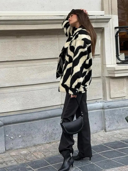 maoxiangshop  -  Women Elegant Zebra Printed Single Breasted Jacket Fashion Lapel Long Sleeves Loose Coat Autumn Chic Lady Commuting Outerwear