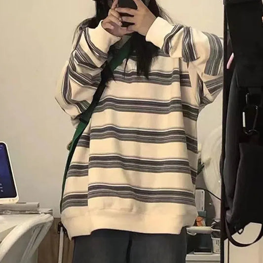 maoxiangshop Oversized Striped Pullover Sweatshirt Women Crew Neck Y2K Vintage Grunge Aesthetic Streetwear