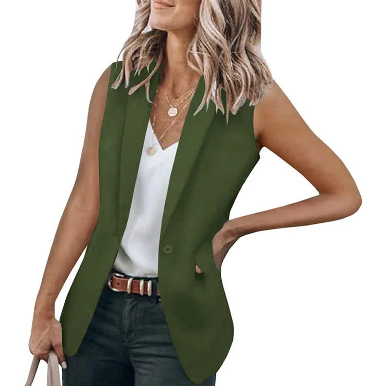 maoxiangshop Autumn New Style Sleeveless Solid Color Suit Collar Loose Cardigan Women's Wear