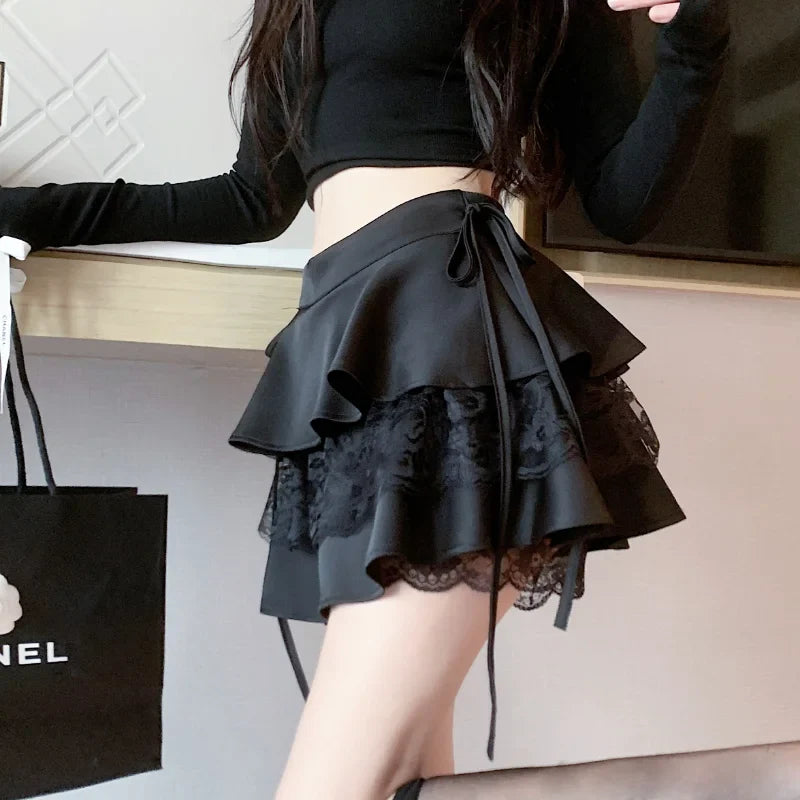 maoxiangshop Gothic Sexy Ruffle Tiered Skirts Women Cute Lolita Style Lace Cake Skirt Girl Kawaii Clothes High Waist Solid A-Line Mini Skirt