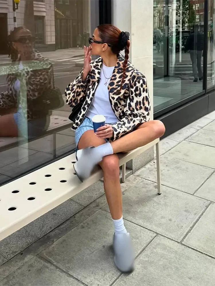 maoxiangshop  -  Women Casual Leopard Print Bomber Jacket Elegant Lapel Long Sleeves Zipper Pockets Loose Coat 2024 Autumn Lady High Streetwewar