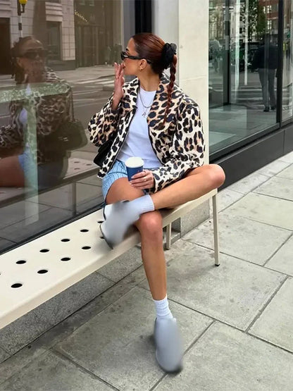 maoxiangshop  -  Women Casual Leopard Print Bomber Jacket Elegant Lapel Long Sleeves Zipper Pockets Loose Coat 2024 Autumn Lady High Streetwewar