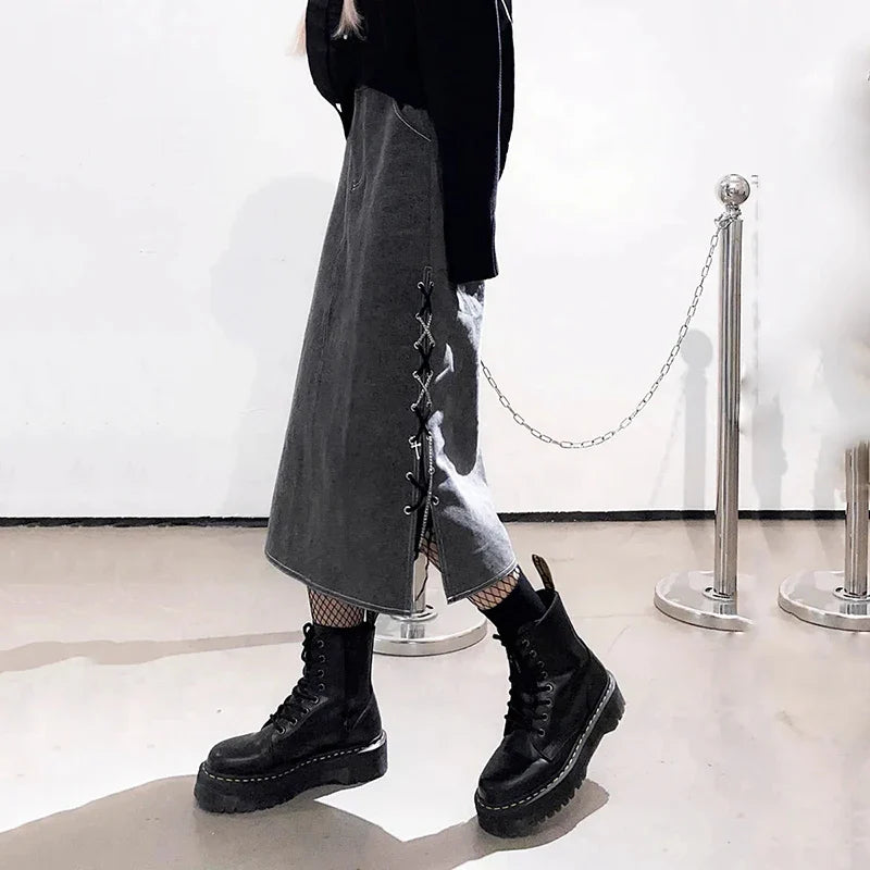 Vintage Gray Denim Skirts Woman Y2K Streetwear Lace Up Design Side Split Skirts Korean Chic High Wiast Long Skirt Women