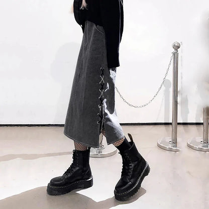 Vintage Gray Denim Skirts Woman Y2K Streetwear Lace Up Design Side Split Skirts Korean Chic High Wiast Long Skirt Women