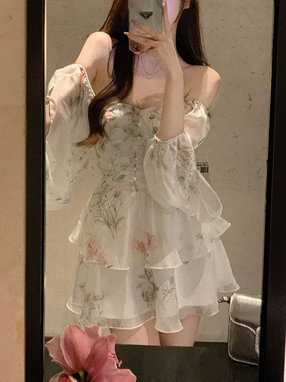 maoxiangshop Chiffon Dress for Women Long Sleeve Party French Style Dress Fairycore Floral Ruffles Square Collar New Spring Summer Dress