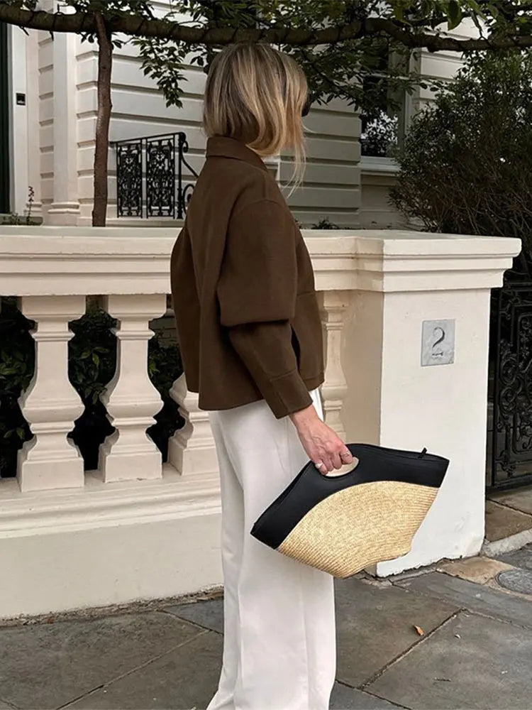 maoxiangshop  -  Elegant Women Solid Single Breasted Short Coat Chic Lapel Long Sleeves Pocket Cropped Overcoats Autumn Lady Commuting Outwear