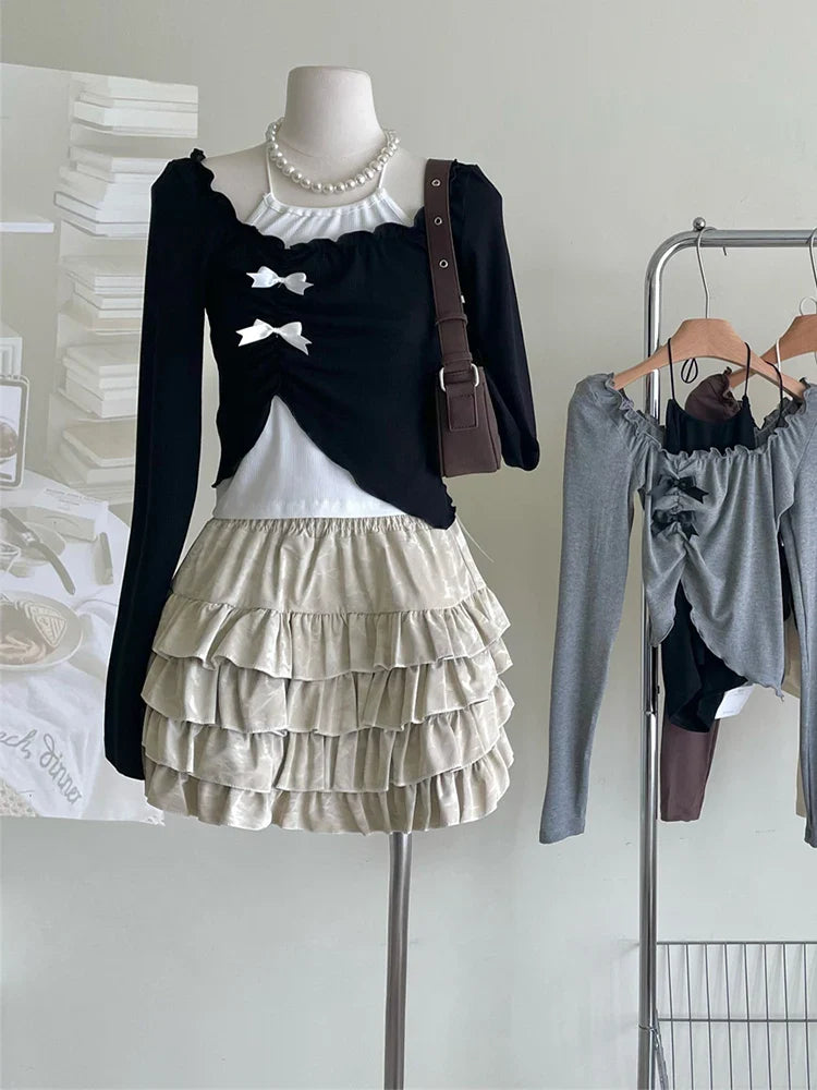 Autumn Women Two Pieces Set Halter Top Korean Fashion Gyaru Long Sleeve Crop Tops T-Shirts Y2k Streetwear Tees Coquette Girl New