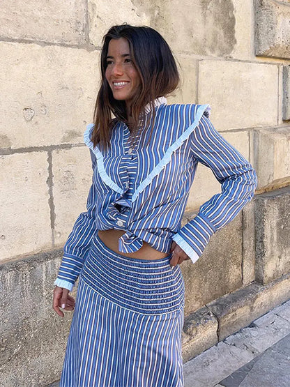maoxiangshop  -  Fashion Striped Print Skirt Set For Women Ruffles Round Neck Long Sleeves 2 Pieces Sets Spring Summer Cute Street Lady Outfit