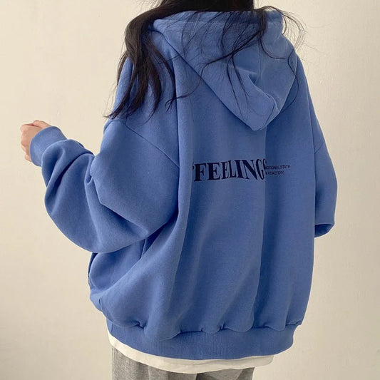 Autumn Winter Female Casual Y2K Long Sleeve Letter Print Sweatshirts Women's Blue Chic Style Fashion Loose Fit Hoodies Top