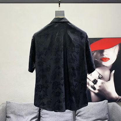 maoxiangshop Men High Quality Vintage Flower Casual Streetwear Y2K Button Shirts Trendy Lapel Black White Loose Short Sleeve Tops Ropa Hombre