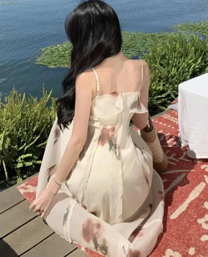 Elegant Ruffles Floral Midi Dresses Summer New Fashion Spaghetti Strap A-line Beach Vestidos Women Holiday Sundress Clothing