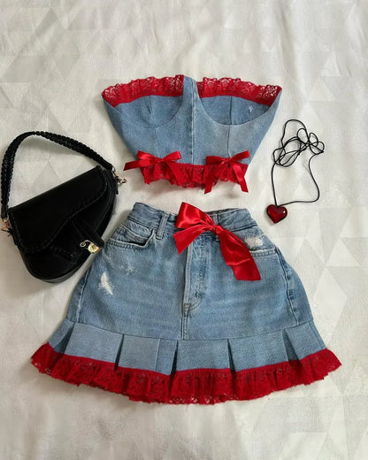maoxiangshop  -  Y2K Harajuku Gothic Leather Jacket Casual Skirts Gothic Fashion Leather Patchwork Two Piece Clothing gothic Women Hot Sweetheart