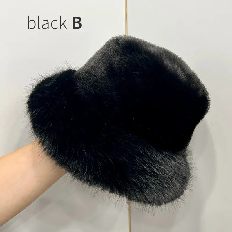 maoxiangshop y2k Fluffy Faux Fur Bucket Hat Women Rabbit Fur Warm Thick Plush Winter Hat Lady Luxury Fashion Furry Panama Fisherman Cap