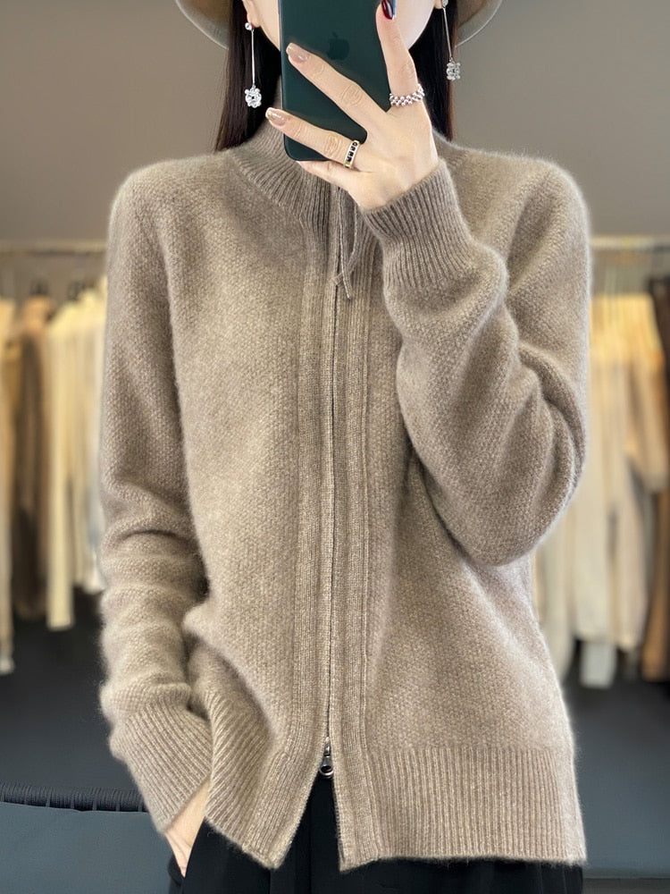 Women's 100% Merino Wool Knitting Sweater Clothing Autumn/Winter Casual Loose Top Fashion Korean Cashmere Large Zipper Jacket