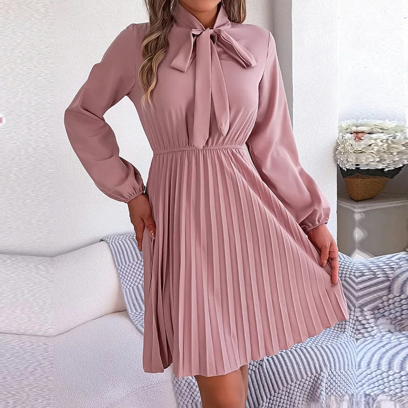 maoxiangshop Women's New Autumn Winter Temperament Lace Up Solid Color High Waist Long Sleeve Pleated Dress